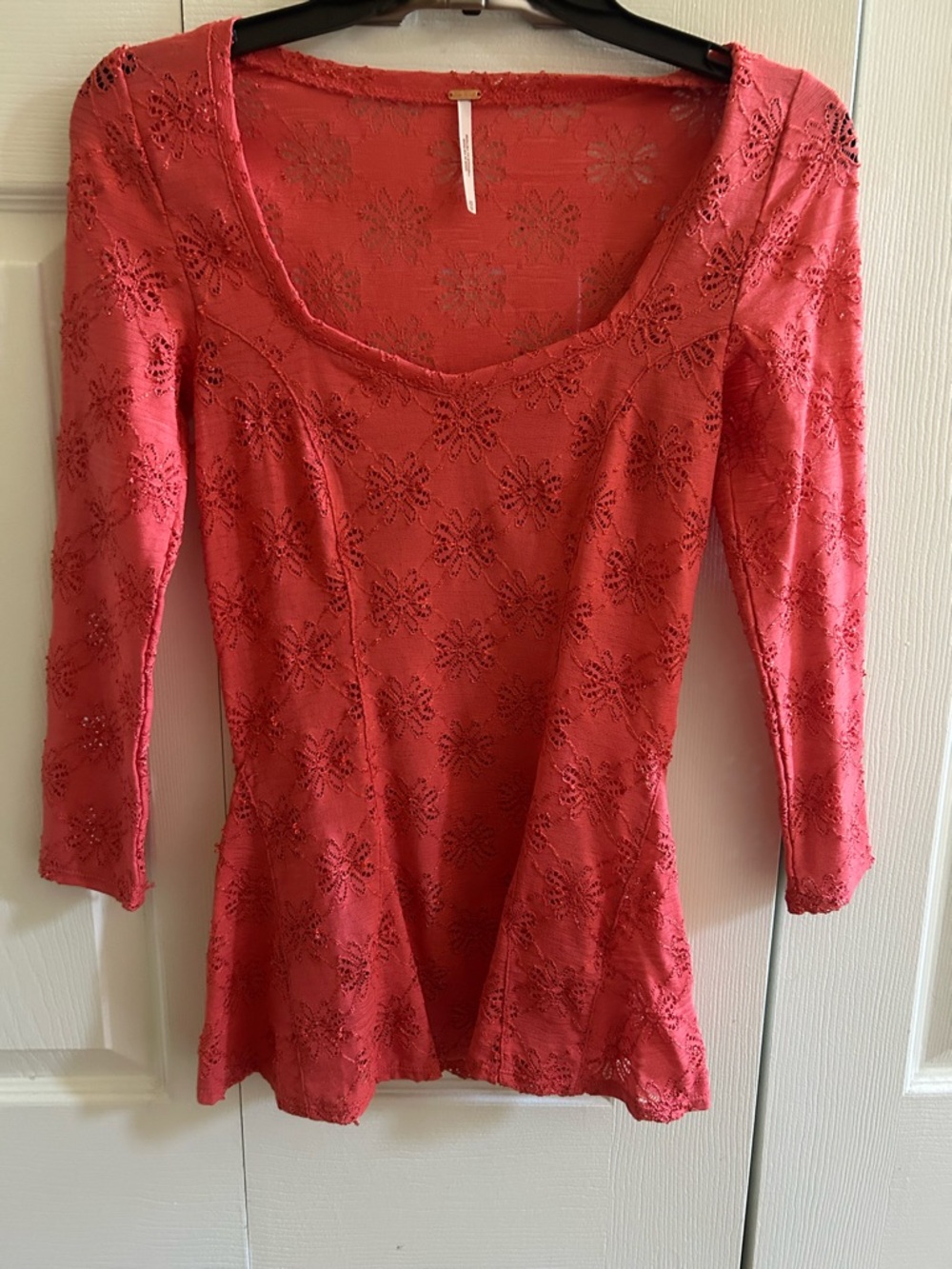 Free People Coral Lace Scoop Neck Long Sleeve Top